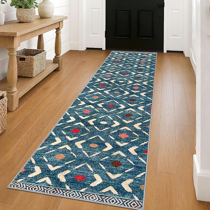 KILOCOCO Hallway Runner Rug 2'x8' Runners for Hallways Soft Washable Runner Rugs Non Slip Printed Low-Pile Runners for Bedroom Kitchen Living Room Laundry Room Boho Rugs, Teal/Blue