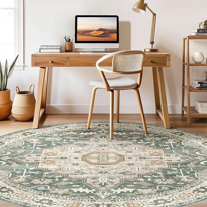 Round Rug Living Room Rugs: 8x8 Washable Boho Neutral Large Circle Soft Indoor Distressed Stain Resistant Floor Farmhouse Carpet for Bedroom Nursery Kids Playroom Office Dining Room Dorm- Green