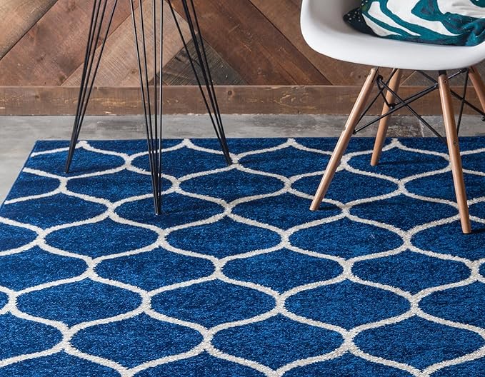 Rugs.com Lattice Frieze Collection Rug – 3' 3 x 5' 3 Navy Blue Medium Rug Perfect for Living Rooms, Large Dining Rooms, Open Floorplans