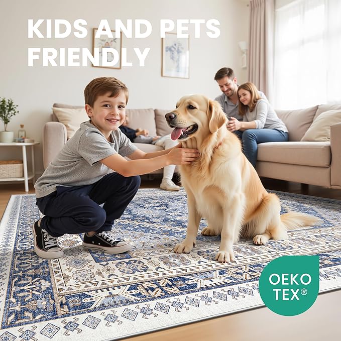 zesthome 5x8 Area Rugs - Ultra-Thin Washble Rug, Stain Resistant Anti Slip Backing Rugs for Living Room,Bedroom, Vintage Home Decor Area Rug (Blue/Beige,5'x8')