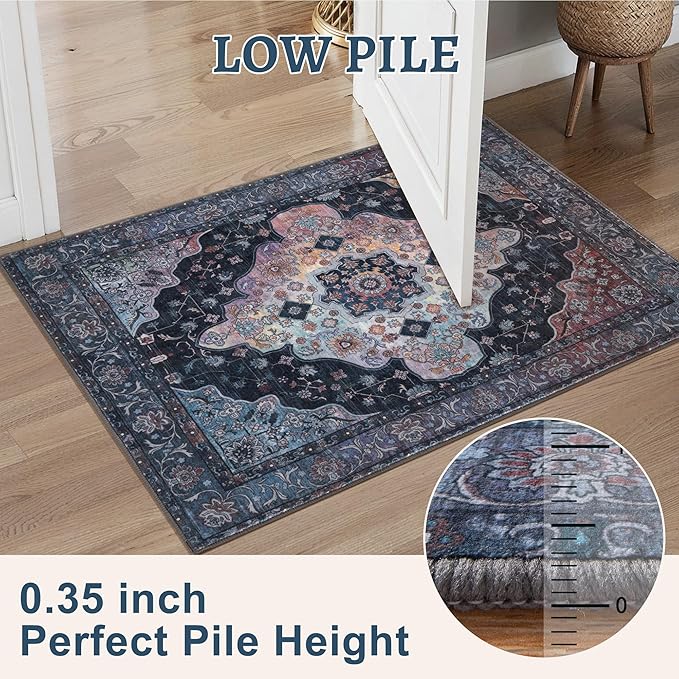Tangsoo 8x10 Area Rug for Living Room, Washable Vintage Rug Indoor Non Slip Large Area Rugs, Print Distressed Navy/Multi Carpet, Soft Low Pile Rug Foldable for Bedroom Dining Room Dorm
