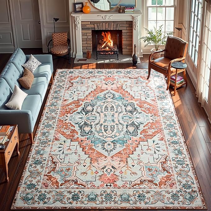 YJ.GWL Area Rugs for Living Room 6x9 Machine Washable Rugs, Non Slip Floral Vintage Rug Indoor Carpet, Stain Resistant Large Rug for Bedroom Dining Room, Copper Tan