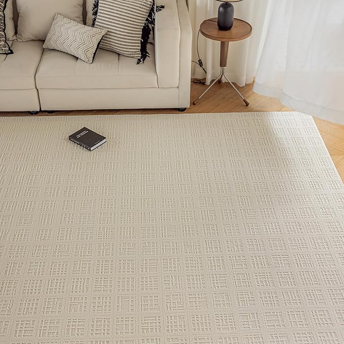 jxgzyy Beige Area Rug, 0.36'' Thick Low Pile Textured Rug, Modern Aesthetic Solid Carpet for High Traffic Area, Stain-Resistant Kitchen Rug with Non-Slip Backing, 5x7