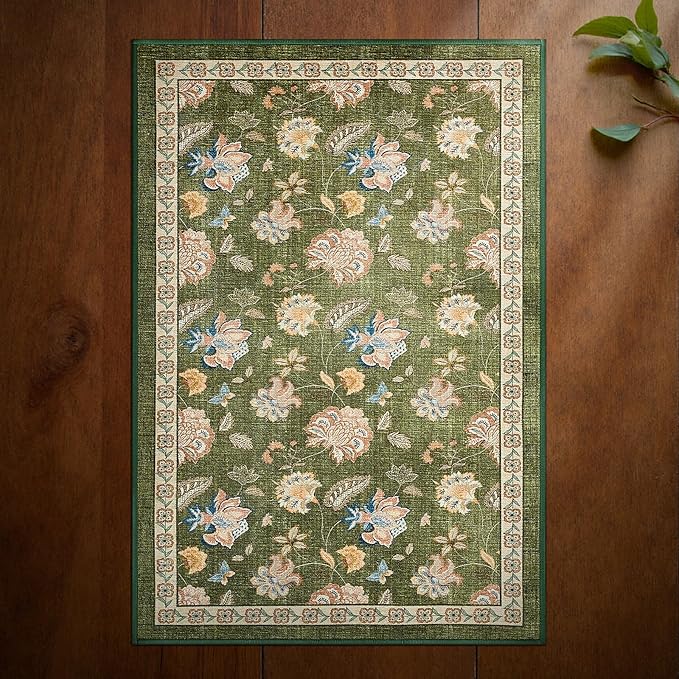 jinchan Elora 2x3 Floral Rug for Entryway Washable Kitchen Rug Vintage Romance Design Small Mat Non Slip Indoor Doormat Lightweight Low-Profile Throw Carpet for Entrance Bathroom Laundry Room, Green