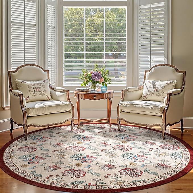 jinchan Elora 7ft Floral Round Rug for Dining Room Washable Living Room Rug Vintage Romance Design Non Slip Indoor Floor Cover Lightweight Low-Profile Throw Carpet for Bedroom Porch Patio, Red/Beige