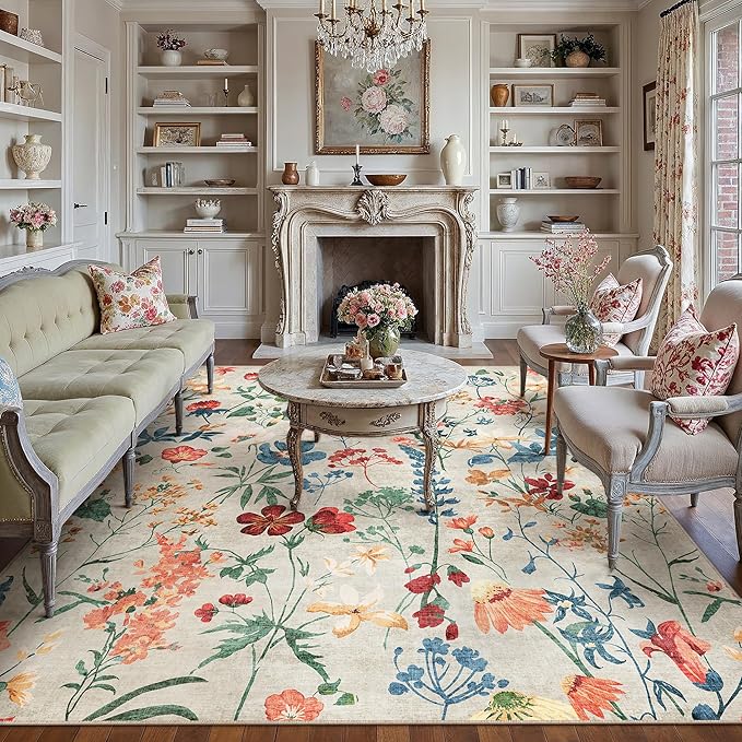 Beige Area Rug 6x9 Floral Washable Living Room Kitchen Boho Carpet Non Slip Low Pile Indoor Accent Lightweight Soft Throw Rug for Bedroom Office Dining Room Nursery Farmhouse