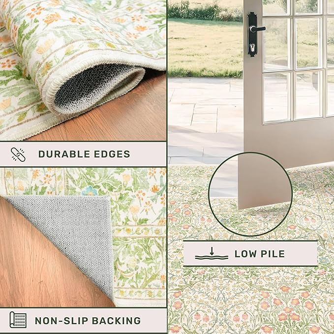 Light Beige Green Area Rugs for Dining Room, 6x9 Washable Area Rug for Bedroom, Living Room, Nursery Room, Kids Play Room, Low Pile Non-Slip - Vintage Design & Stain Resistance
