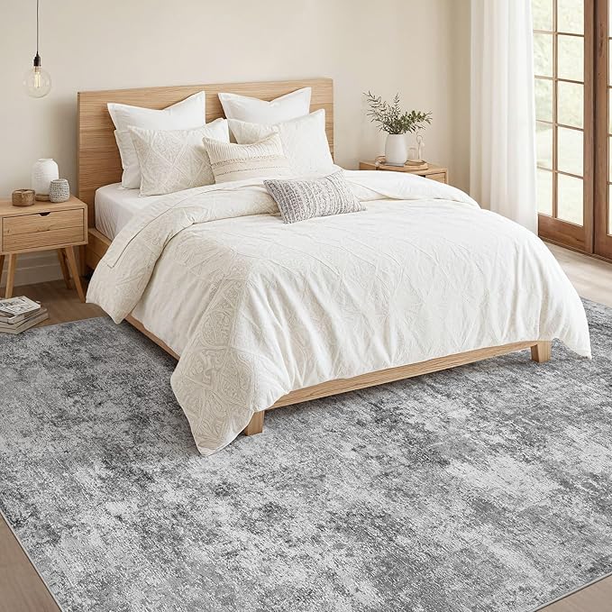 Nakagishi 9x12 Area Rugs Living Room: Washable Abstract Large Neutral Soft Rug Stain Resistant Modern Indoor Floor Non-Slip Carpet for Bedroom Nursery Kids Playroom Office Dining Room Dorm- Grey