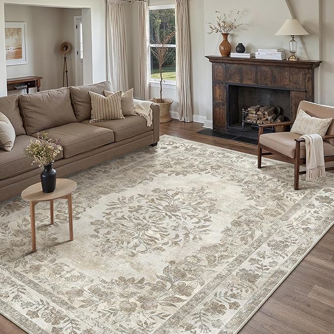 8x10 Area Rug Beige Washable Vintage Distressed Living Room Carpet Large Bedroom Indoor Medallion Floral Non Slip Retro Throw Floor Mat for Office Dining Room Kitchen Bathroom