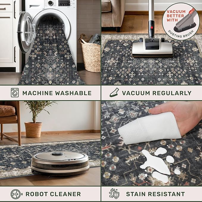 Black Washable 2x3 Entry Rug, Small Rugs for Entryway Kitchen Bathroom Door Mat Indoor Entrance, Non Slip Rubber Backing, Stain & Fade Resistant, Ashen Charcoal Floral Farmhouse Decor