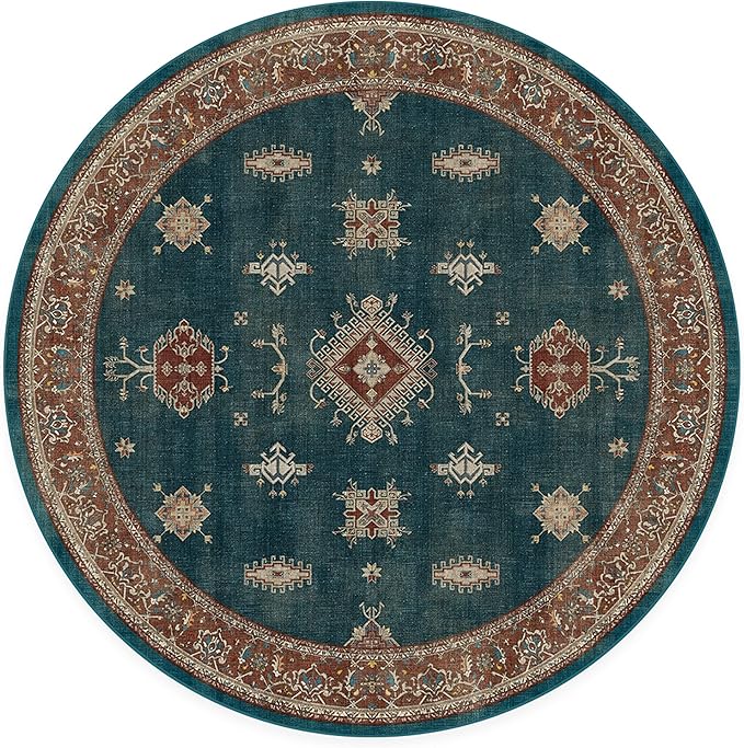 RUGGABLE Washable Vintage Area Rug – Verena Teal Blue 6 ft Round, Stain-Resistant, Non-Slip – Medium Machine Washable Rugs for Living Room, Bedroom, Hallway, Entryway & Office–with Cushioned Pad