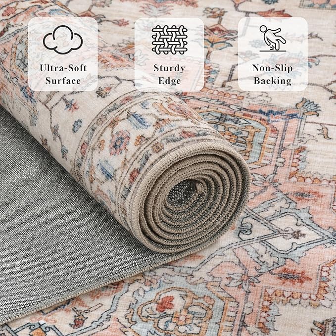 3x5 Vintage Distressed Area Rugs for Indoor Entrance Stain Resistant Washable Entryway Rug Ultra Soft Low Pile Lightweight Carpet Faux Wool Rugs for Living Room Bedroom Playroom Home Office