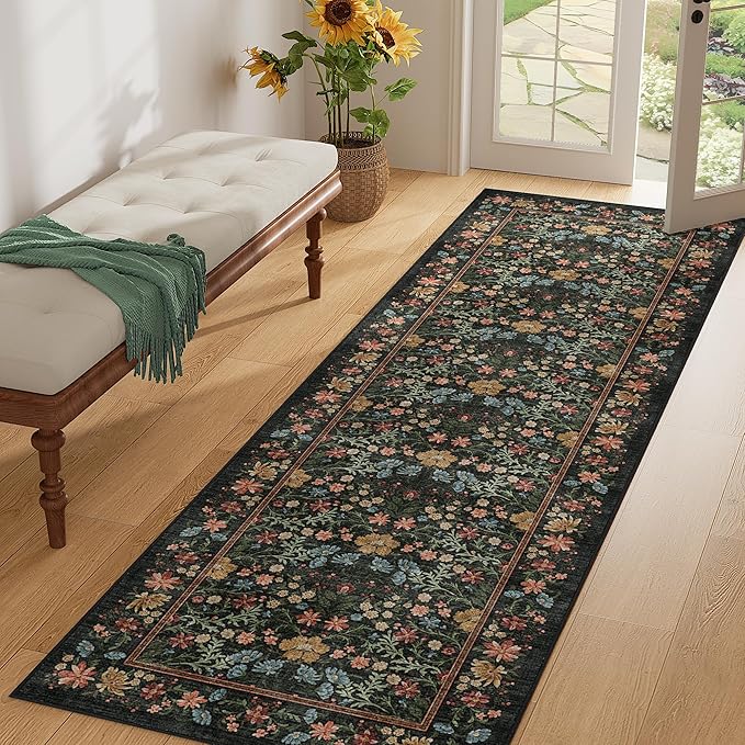 DUKINO 2.6x8 Runner Rug for Hallway, Washable Vintage Floral Kitchen Rug with Non Slip Backing, Soft Low Pile Throw Carpet Runner for Kitchen, Laundry, Hallway, Bathroom, Black