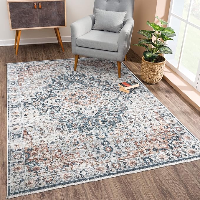 Bloom Rugs Caria Washable Non-Slip 9x12 Rug - Terracotta/Teal Traditional Area Rug for Living Room, Bedroom, Dining Room, and Kitchen - Exact Size: 9' x 12'