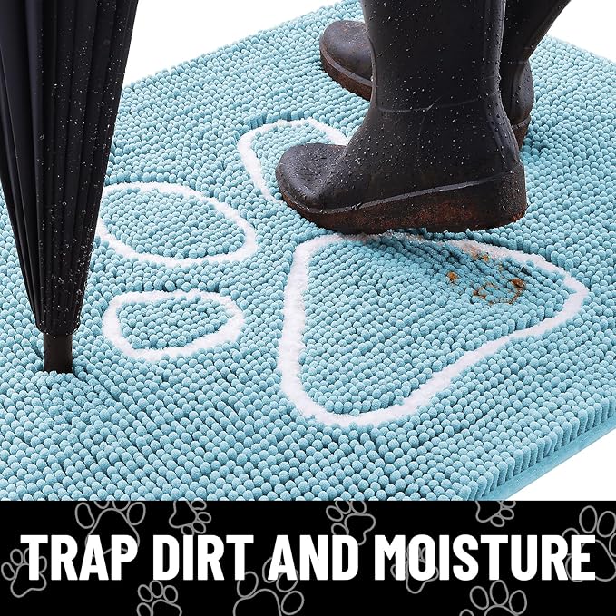 Smiry Dog Door Mat for Muddy Paws, Absorbent Dirt Trapper Non Slip Quick Dry Washable Chenille Mat for Mud Dogs, Entry Rug for Indoor and Outdoor (48x30 Inches, Sky Blue and White)