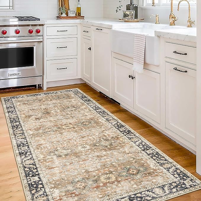 ReaLife Rugs Machine Washable Area Rug Runner - Living Room Bedroom Bathroom Kitchen Entryway - Padded Low Pile Stain Resistant Premium - Boho Farmhouse Vintage - BEV - Beige Tan Brown 2'6" x 8'