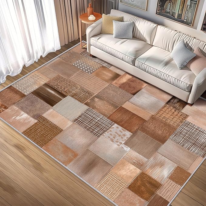 Patchwork Rug, Washable 4x5 Rug for Living Room, Geometric Brown Patterned Indoor Carpet, Patchwork Decor for Home, Bedroom, Soft Non Slip Thin Design FER5