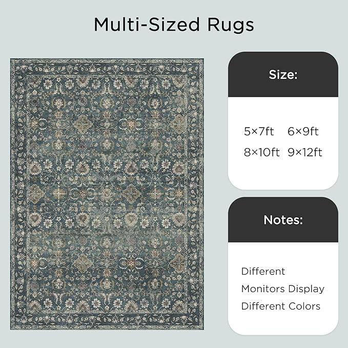 5X7 Area Rugs for Living Room, Soft Rugs Blue Washable Rug, Indoor Vintage Rugs for Bedroom Home Office Laundry, Rubber Backed Non Slip Low Pile Carpet, Deep Blue