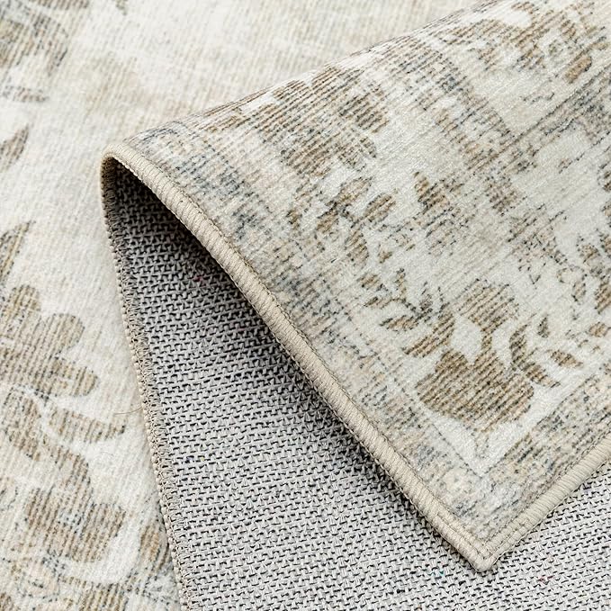 5x7 Area Rug Beige Washable Vintage Distressed Living Room Carpet Large Bedroom Indoor Medallion Floral Non Slip Retro Throw Floor Mat for Office Dining Room Kitchen Bathroom