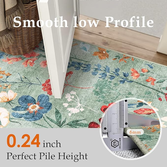 Floral Runner Rug 3x10 Washable Hallway Long Green Bedroom Carpet Non Slip Indoor Boho Kitchen Low Pile Accent Rug Lightweight Soft for Bathroom Dining Laundry Living Room