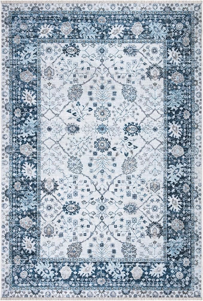 Bloom Rugs Caria Washable Non-Slip 3x5 Rug - Navy Blue Traditional Bordered Area Rug for Living Room, Bedroom, Dining Room, and Kitchen - Exact Size: 3' x 5'