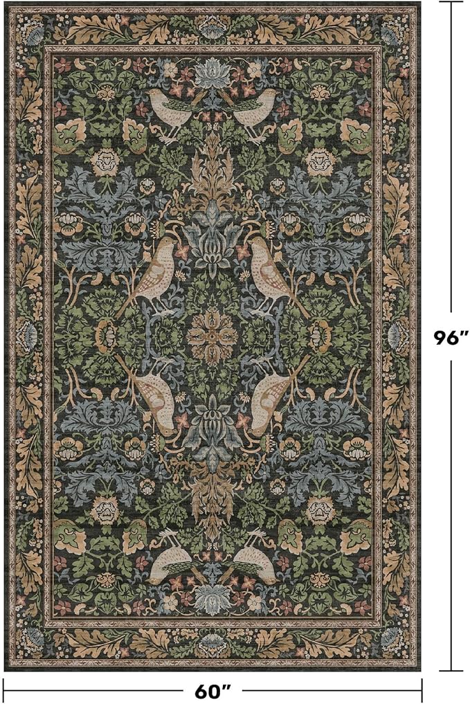Boho Living Room Rug 5x8 - Dark Green Rugs 5x8 for Bedroom, Dinning Room, Office with Vintage Forest Farmhouse Botanical & Bird Design, Non Slip Stain Resistant Low Pile - Brown