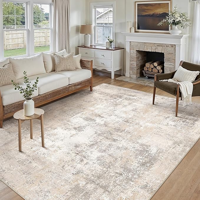 7x9 Washable Area Rug Beige Grey Abstract Living Room Bedroom Throw Rug Neutral Modern Non Slip Soft Low Pile Lightweight Indoor Carpet for Dining Room Office