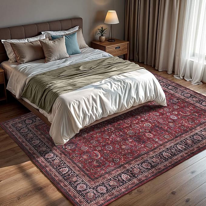 GLN Rugs Traditional Collection - Machine Washable Area Rug, Traditional Washable, Non Slip, Low Pile Chenille Rug, Living Room, Bedroom, Kitchen Rug (5' x 7' Dark Red)