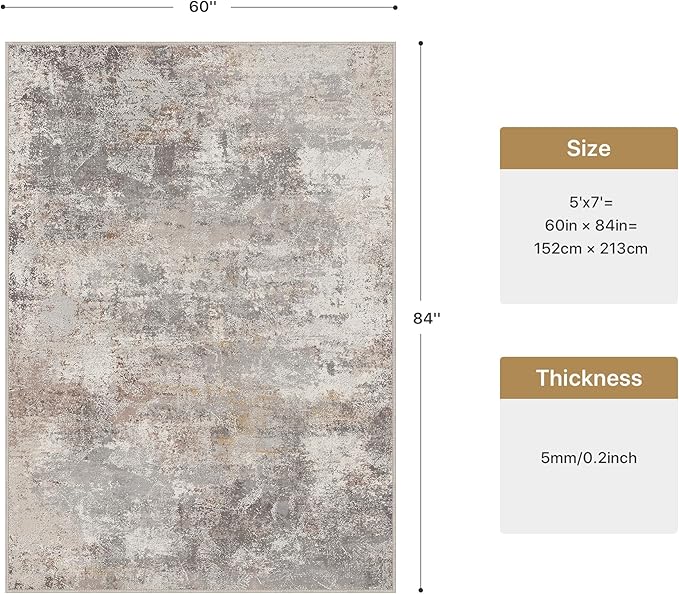 GENIMO Washable 5x7 Area Rugs for Living Room, Non Slip Modern Abstract Rug, Machine Washable Stain Resistant Low Pile Soft Carpet for Bedroom, Dining, Office, Light Grey Brown