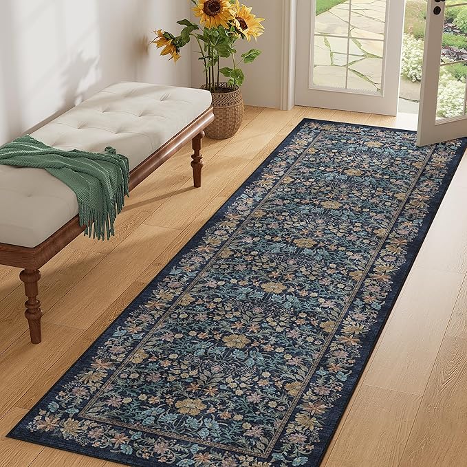 DOKINO 2x10 Runner Rug for Hallway, Vintage Washable Long Kitchen Rug with Low Pile Design, Floral Non Slip Soft Carpet Runner for Hallway, Kitchen, Bathroom, Bedroom, Dark Blue