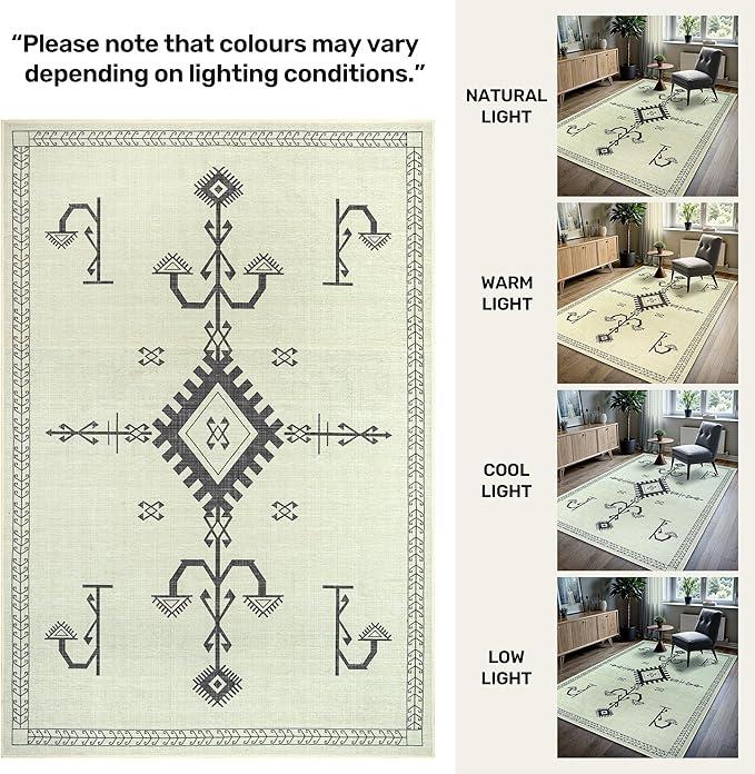 GLN Rugs Contemporary Collection - Machine Washable Area Rug, Contemporary Washable, Non Slip, Low Pile Chenille Rug, Living Room, Bedroom, Kitchen Rug (6' x 9' Cream/Anthracite)