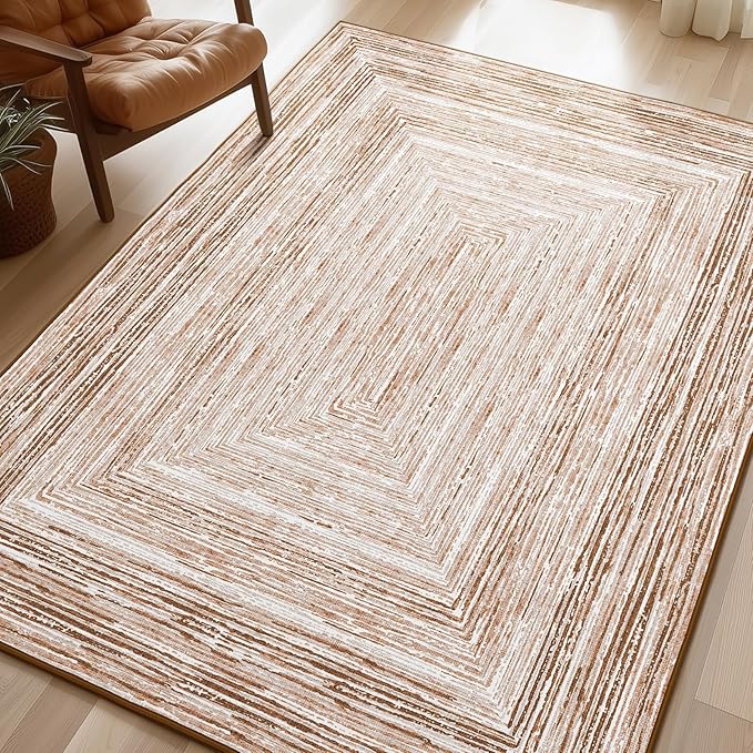 Phantoscope Washable Area Rug 5'x7' Non-Slip, Modern Neutral Boho Rugs for Living Room, Bedroom, Dining Room, Distressed Geometric Rectangle Pattern, Low-Pile Foldable Floor Carpet, Neutral Beige/Rust