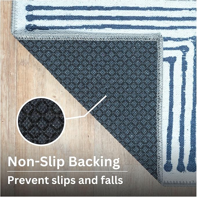 Bloom Rugs Washable Non-Slip 8' x 10' Rug - Blue/Ivory Striped Area Rug for Living Room, Bedroom, Dining Room, and Kitchen - Exact Size: 8' x 10'
