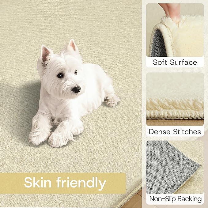 Solid Washable Area Rug - 8x10 Medium Pile Faux Cashmere Carpet for Living Room Bedroom, Light Yellow