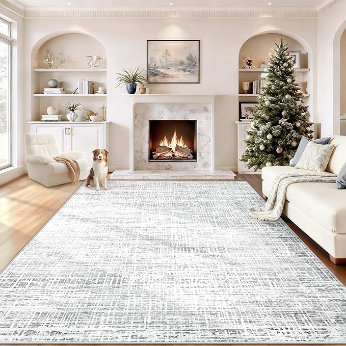 8x10 Area Rugs for Living Room, Washable Large Area Rug Neutral Modern Abstract Bedroom Rug Soft Non Slip Low Pile Stain Resistant Indoor Carpet for Nursery Kids Dining Room Office(Grey, 8'x10')