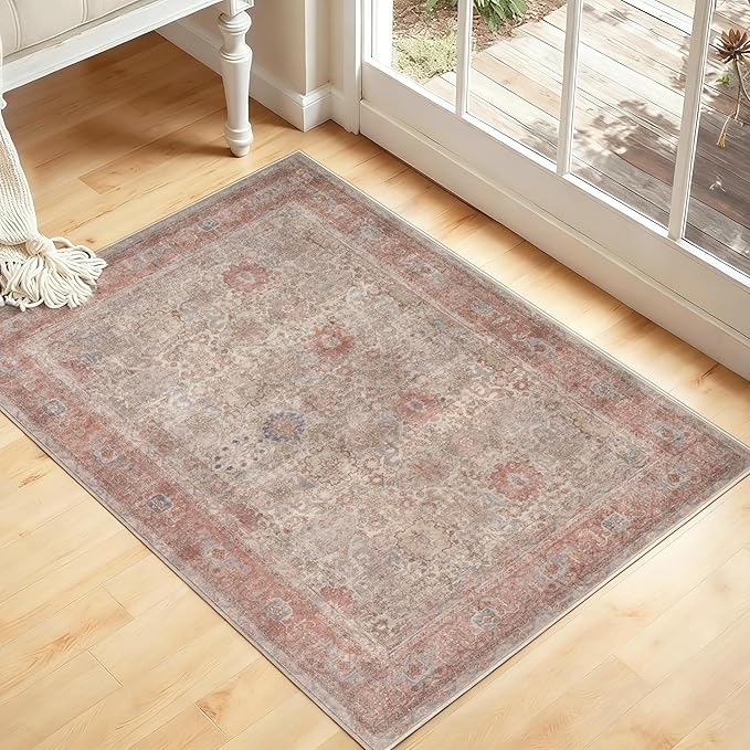 Kuden 2x3 Small Rug, Machine Washable, Non-Slip Backing, Vintage Style, Soft, Low Pile, Area Rugs for Entryway Kitchen Indoor Entrance