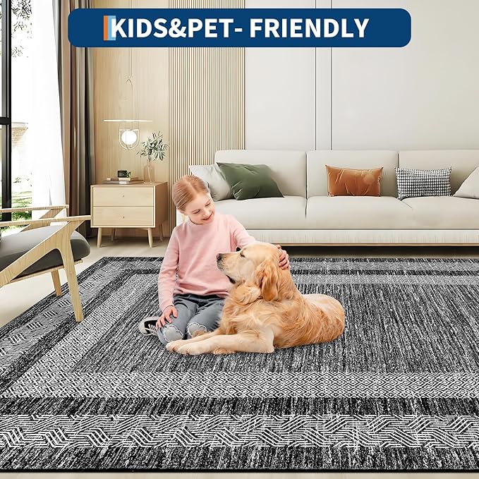 GarveeHome Area Rug 8x10 Modern Geometric Living Room Rug Non Slip, Thin Washable Carpet, Soft Non Shedding Foldable Floor Covering, Low Pile Thin Printed Mats for Bedroom Office, Black