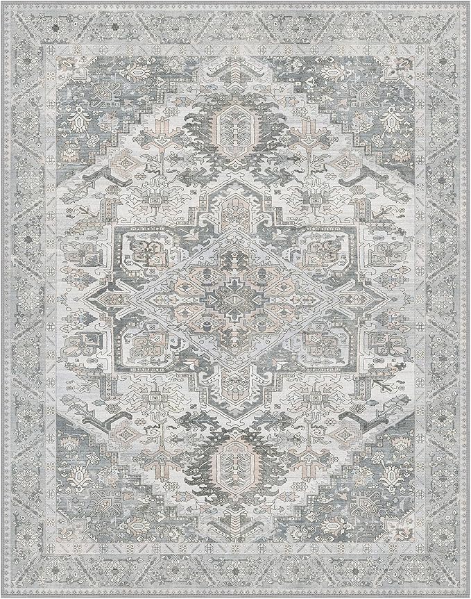 8x10 Area Rug Machine Washable Boho Rug for Living Room,Ultra-Thin Low Pile Carpet,Lightweight Indoor Printed Rug,Non Slip Floral Area Rug for Bedroom, Dining Room, Home Office,Grey Cyan