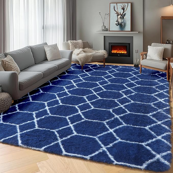 ONASAR Geometric Area Rugs 5x8 for Living Room, Fluffy Moroccan Navy and White Rug for Boys Bedroom Home Decor Aesthetic, Soft Shaggy Plush Floor Carpet for Kids Girls Teen Nursery Playroom Office