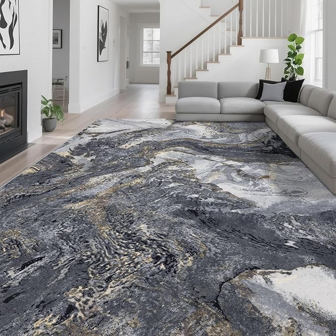 Abstract 10x14 Area Rugs: Modern Washable Rug for Living Room Bedroom Dining Room Indoor - Thin Low Pile Non-Slip Large Carpet - Black Gold