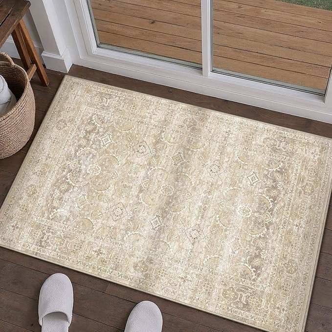HUGEAR 2x3 Washable Area Rug Beige Vintage Neutral Small Entryway Rug Soft Non Slip Distressed Carpet Low Pile Pet Friendly for Bathroom Kitchen Hallway Porch Foyer