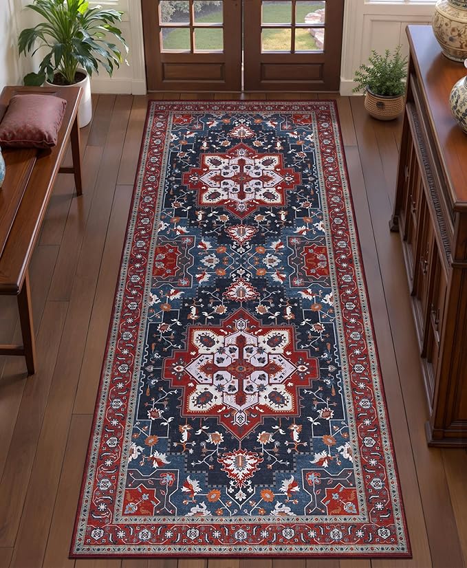 Tangsoo 2x6 Washable Runner Rug for Hallways, Non Slip Vintage Runner Rug, Soft Boho Low Pile Long Rug Runner, Print Distressed Red Carpet Runners for Kitchen Bedroom Entryway Living Room Oriental