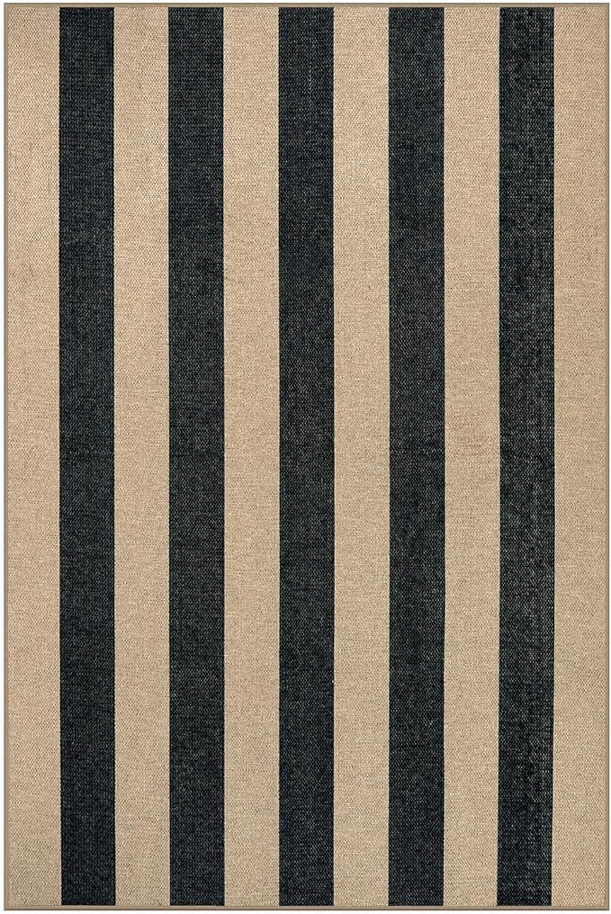 Lahome Striped Easy Jute Dining Room Rug, 6x9 Indoor Outdoor Rugs for Patio Living Room, Farmhouse Neutral Non Slip Low Pile Black Carpet for Bedroom Office Backyard Classroom