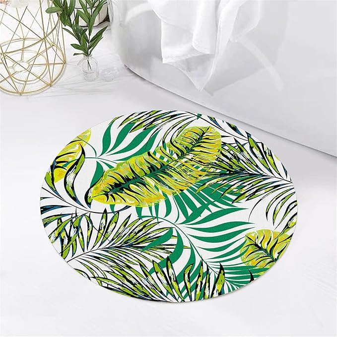 Tropical Round Rug 4ft, Watercolor Palm Leaves Pattern Low Pile Circle Carpet, Non-Slip Washable & Non-Shedding Indoor Mat for Bedroom, Entrance, Office Decor