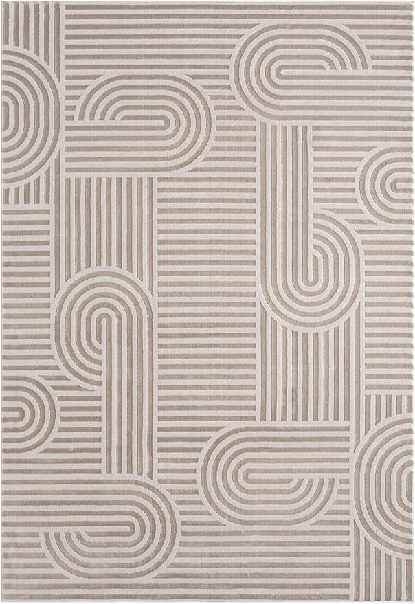 Annabel Modern Geometric Area Rug for Living Room, 5x7 Contemporary Arched Linear Beige Neutral Rug, Stain Resistant Non-Shedding Carpet for Bedroom, Dining Room or Kitchen (5' x 7', Beige)