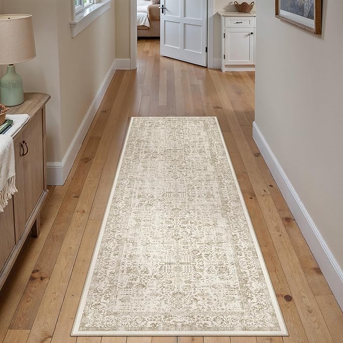 Light Brown Runner Rug 2x5 Hallway Machine Washable Kitchen Vintage Distressed Non Slip Long Carpet Indoor Retro Floral Bedroom Accent Throw Rug for Bathroom Office Laundry Dining Room