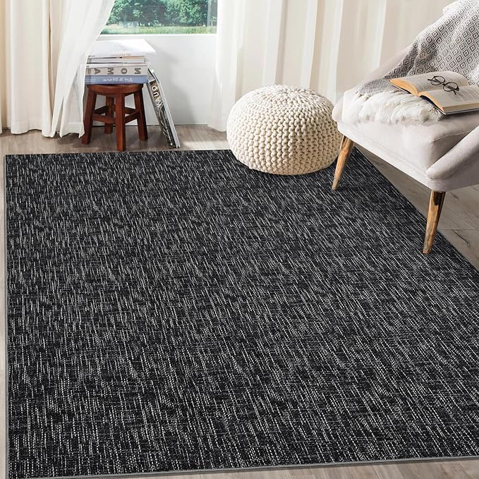 RUGSREAL 8x10 Washable Rug for Living Room Non-Slip Modern Abstract Area Rug Stain Resistant Large Bedroom Rug Contemporary Accent Throw Floor Carpet Solid Rug for Dining Room Home Decor, Black
