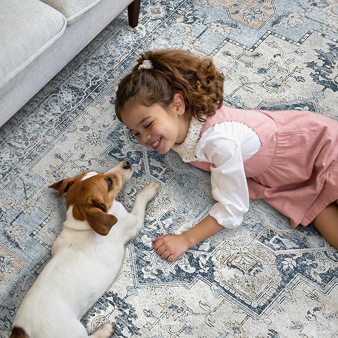 GENIMO 5x7 Area Rugs for Living Room, Machine Washable Rug, Non Slip Vintage Rugs, Low Pile Lightweight Chenille Print Indoor Rug for Bedroom, Dining Room, Home Office, Blue