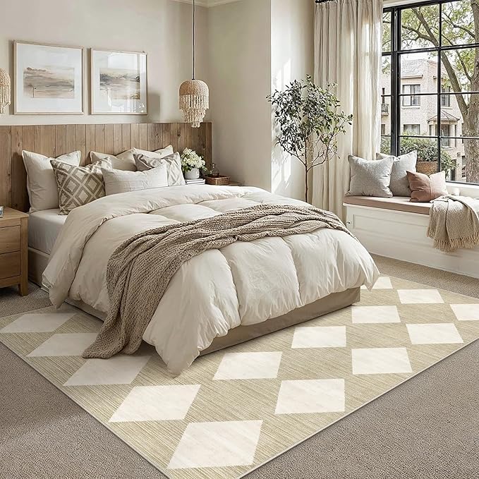 8x10 Checkered Area Rugs for Living Room Beige Machine Washable Large Rug Non-Slip Stain Resistant Low Pile Boho Accent Indoor Throw Carpet for Bedroom Dining Room Home Aesthetic Decor