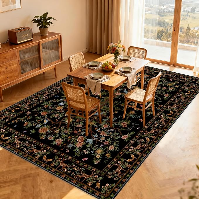 Black Rug for Living Room 5x7 Area Rugs, Machine Washable Non-Slip Carpet, Boho Floral Low Pile Throw Rugs for Bedroom, Dining Room, Office, Nursery, Vintage Home Decor